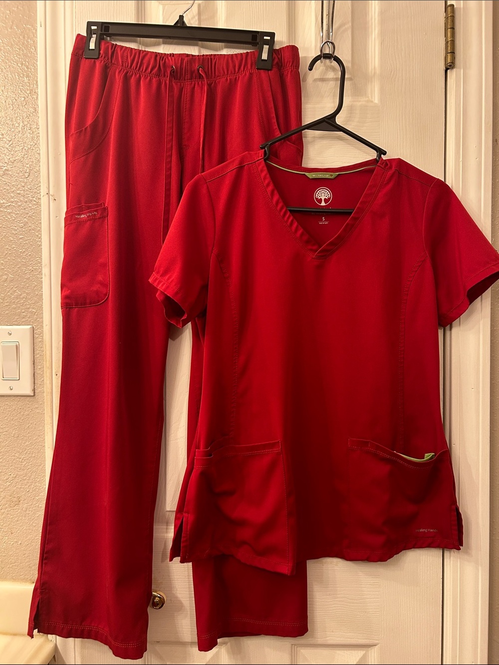 Healing Hands Red V-Neck Scrub Top & Elastic Waist Pants